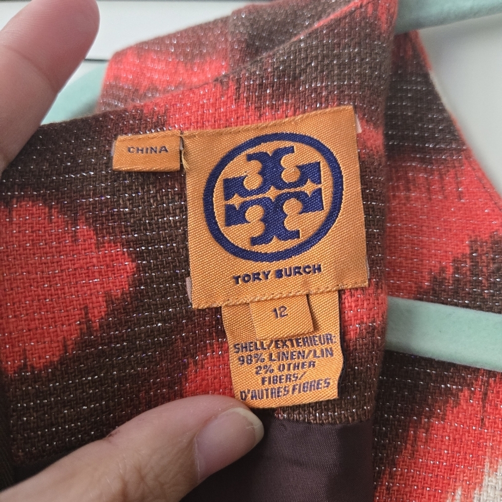 TORY BURCH Linen Shift Women Dress Coral Brown Metallic Geometric Size 12 #215 - Picture 5 of 9
